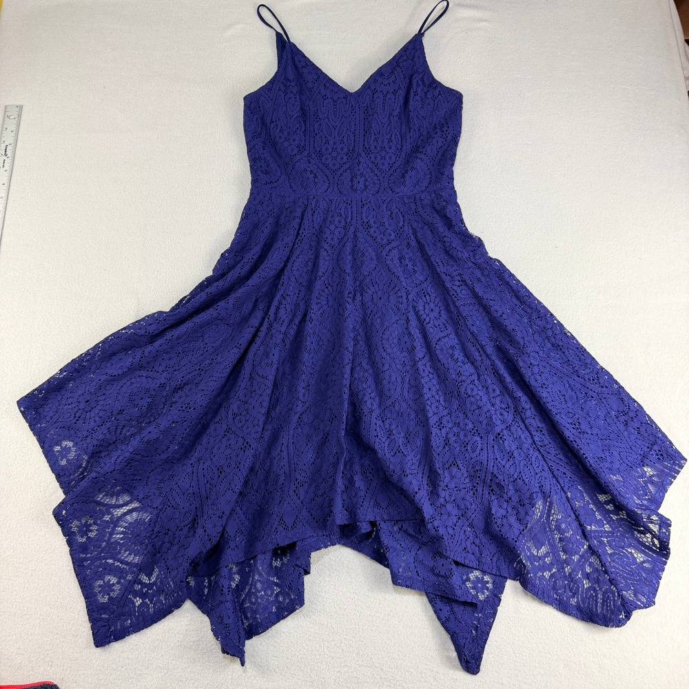 Express Royal Blue Floral Lace Handkerchief Hem Midi Dress Womens 8 Cocktail